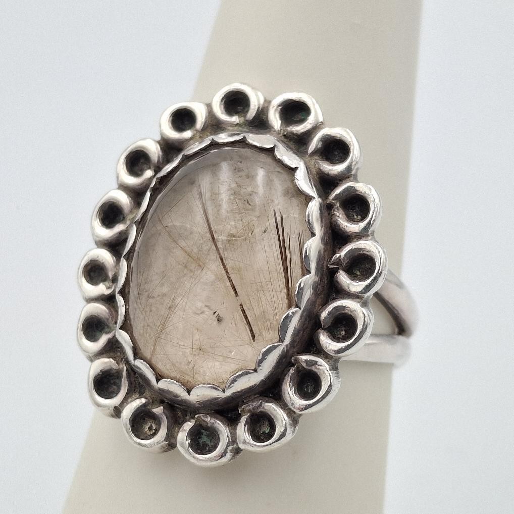 Vintage 925 Sterling Silver Oval Cabochon Rutilated Quartz Cocktail Ring sz 6.5