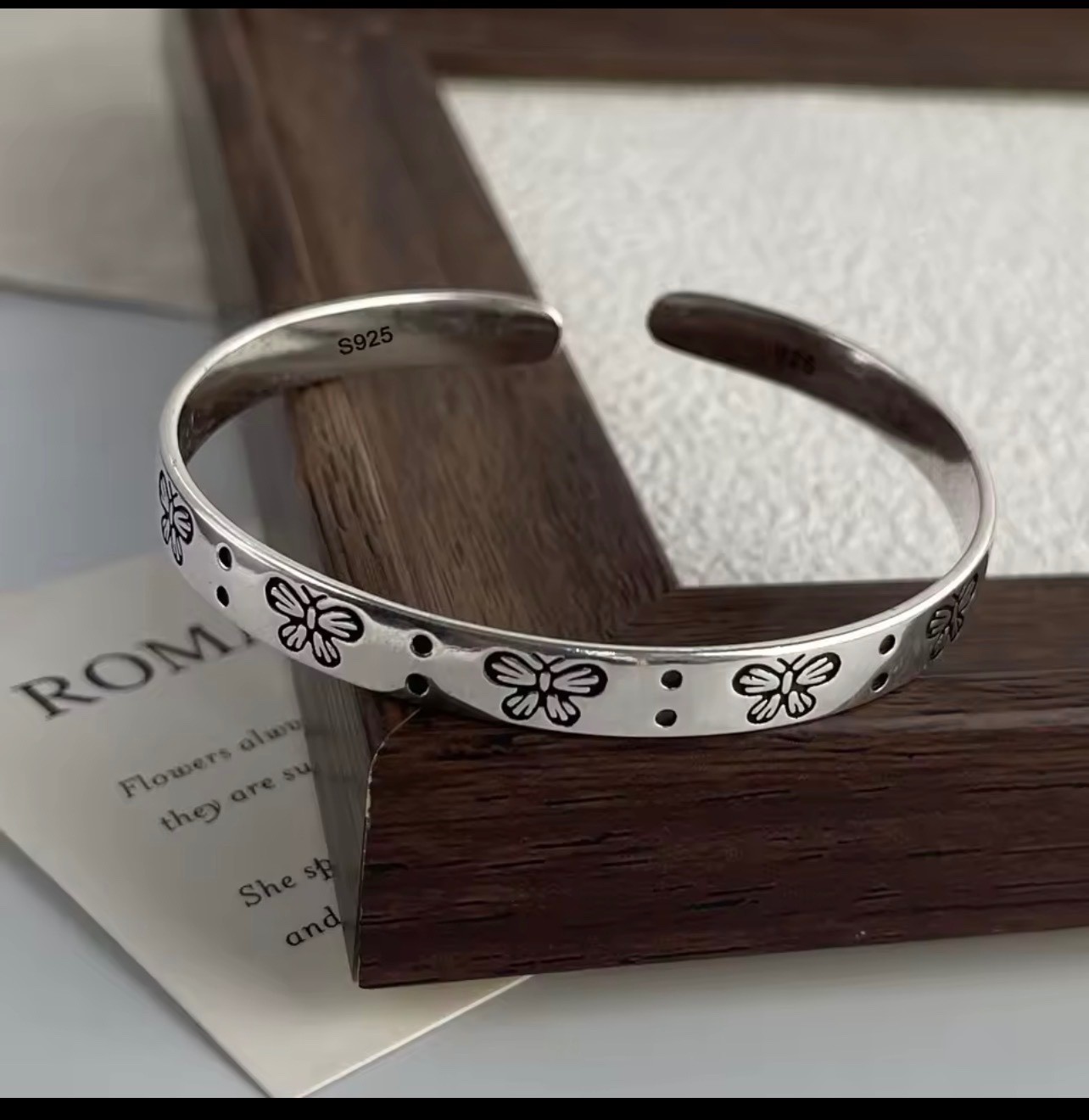 Vintage Boho Silver Tone Bangle Bracelet for Women Floral Rose Butterfly Adjusta