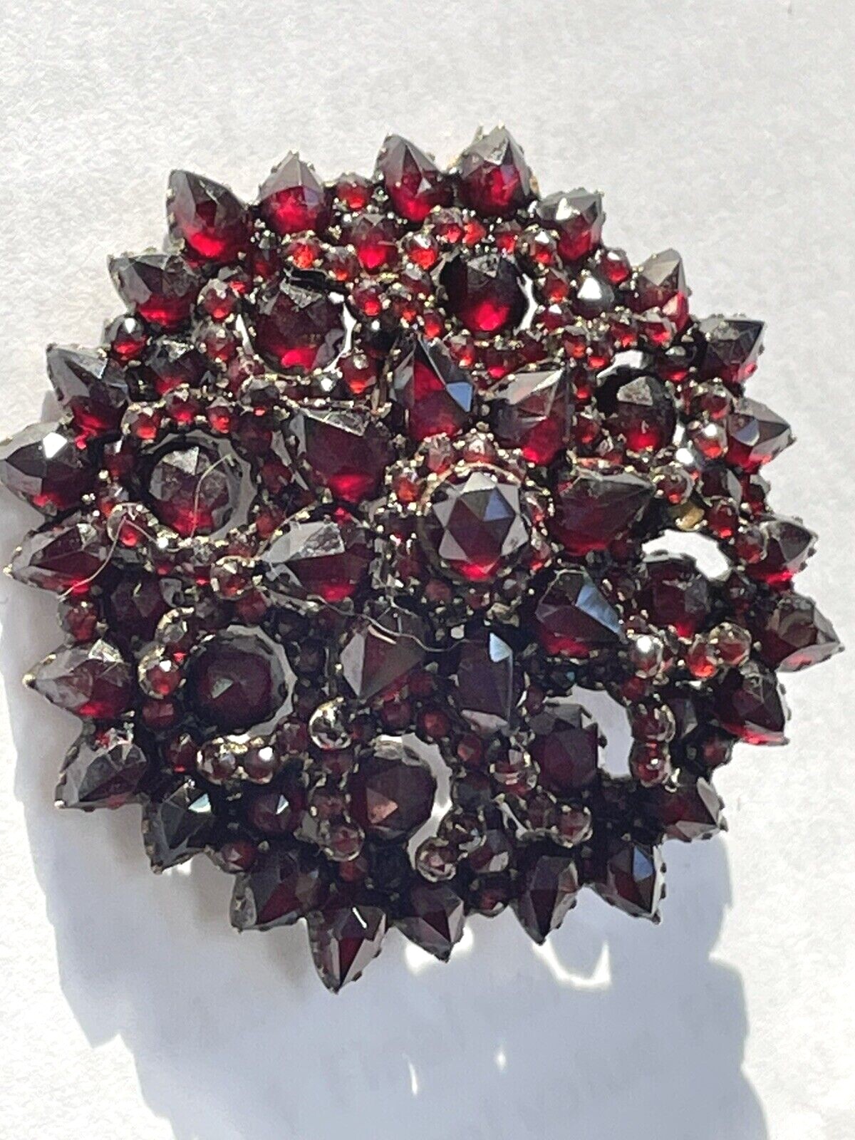 Antique Victorian Gilt Silver Bohemian Rose Cut Garnet Pin Brooch 1 5/8″
