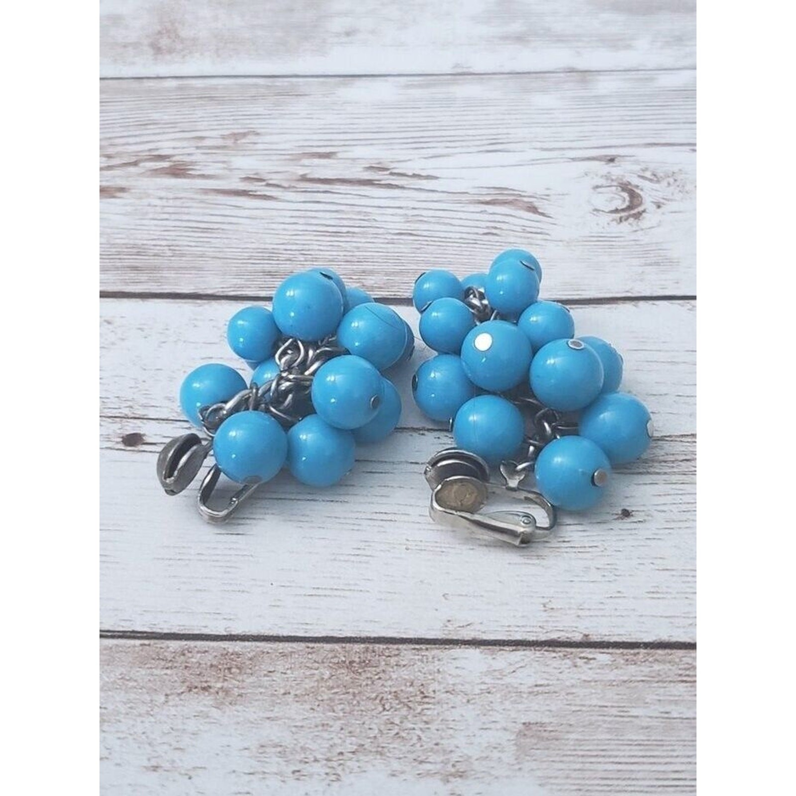 Vintage Clip On Earrings Bright Blue Balls Dangle Large Statement