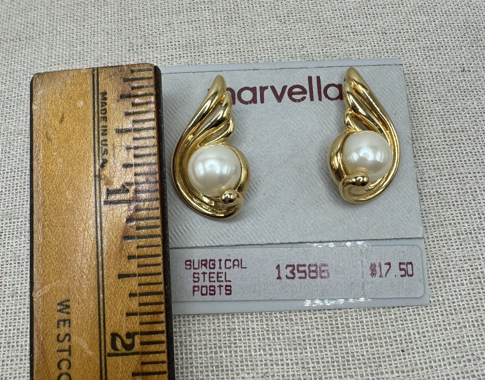 New Vintage Marvella Faux Pearl Gold Tone Pierced Earrings NOS