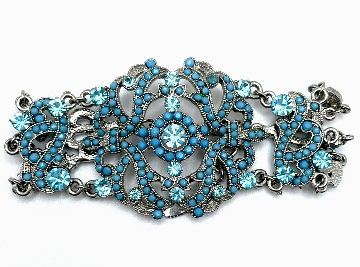 VCLM Victorian Filigree Silver Turquoise Crystal Wide Statement Bracelet
