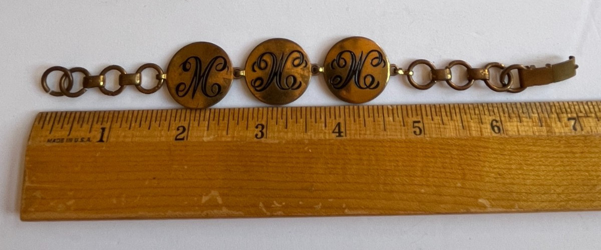 Vintage Brass Bronze Tone Initial Monogram Charm Link Bracelet 1950s MMW