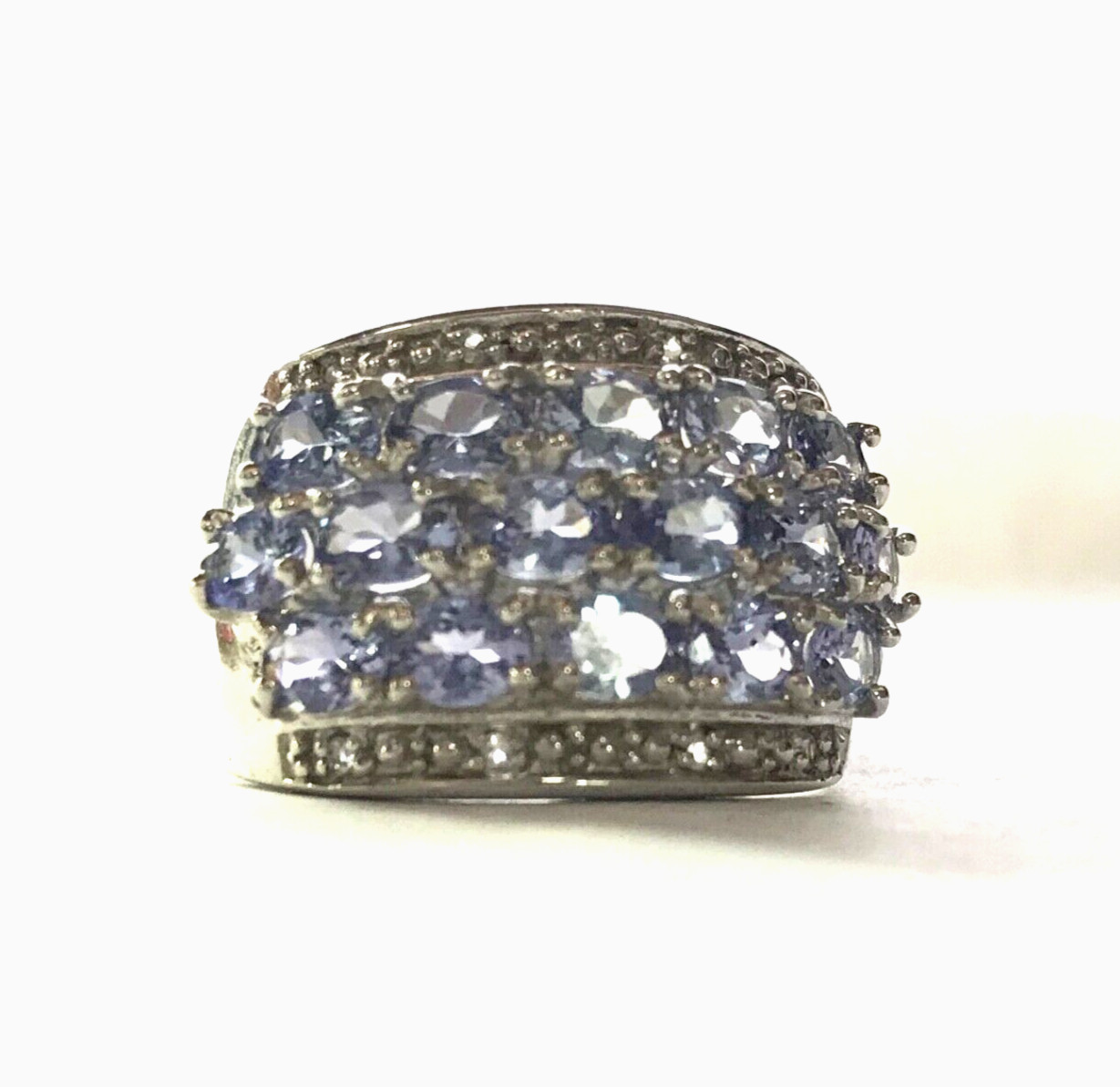 TANZANITE Ring 925 Dome Sterling Silver Cluster 3 row Faceted Zircon SGR VTG sz7