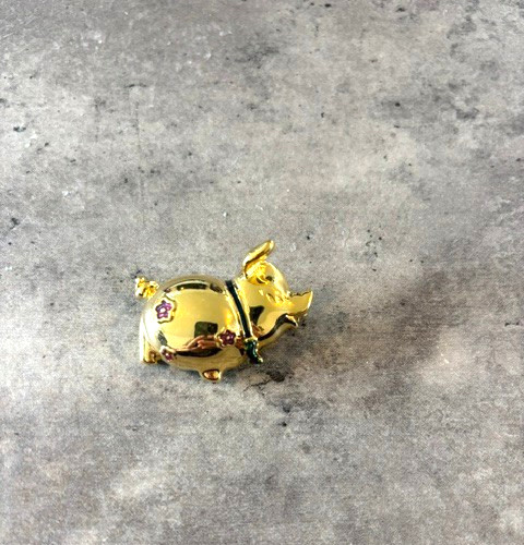 Vintage Cute Pig Piggy Gold Tone Pin Brooch With Pink Flowers