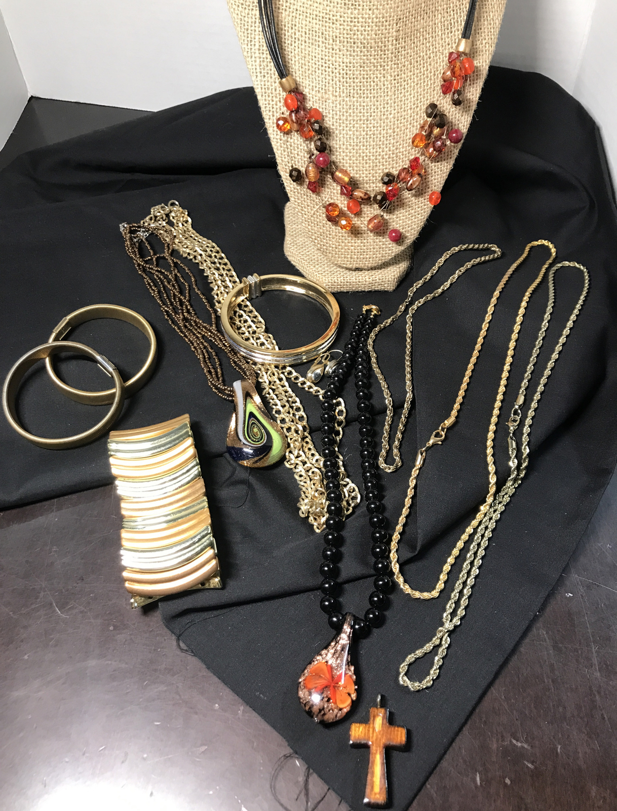 Lot of 10 Assorted Gold Tone Styled Necklace Different Sizes Earrings Bracelet