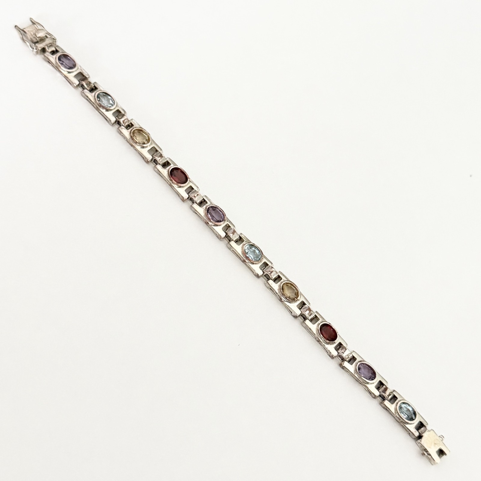 Vintage 925 Sterling Silver Genuine Multi Gemstone Tennis Bar Link Bracelet 7″