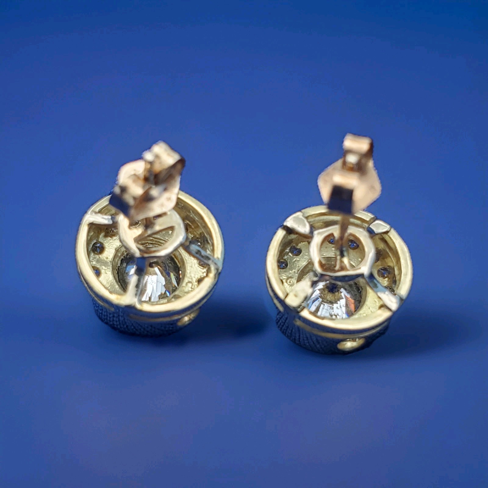 Original EARTH MINED DIAMOND Deco Bezel set Halo Studs Earrings SOLID 18K GOLD