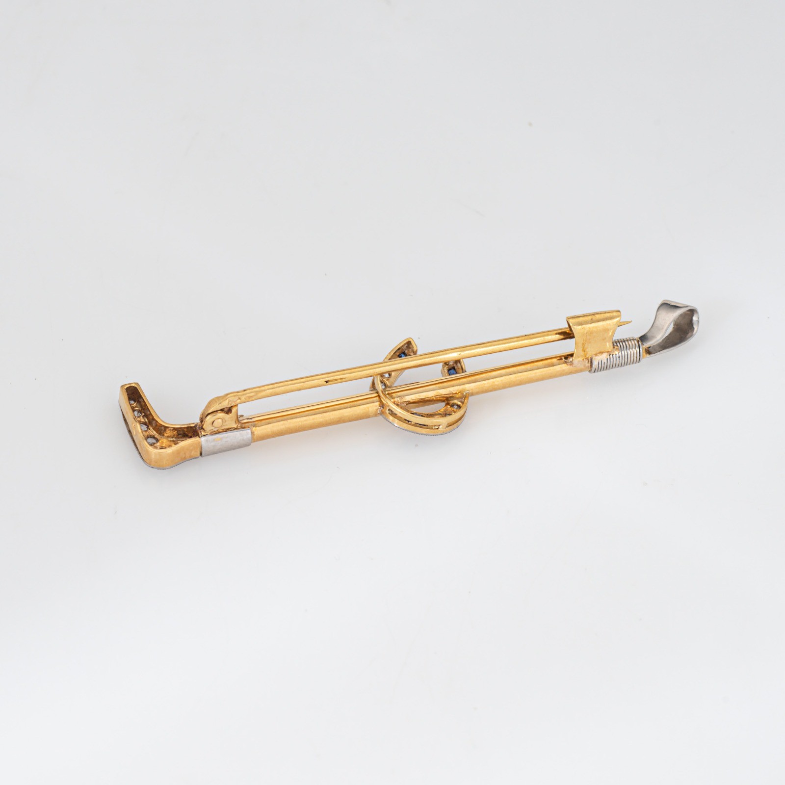 Antique Portuguese Horseshoe Riding Crop Brooch Diamond 19k Gold Platinum