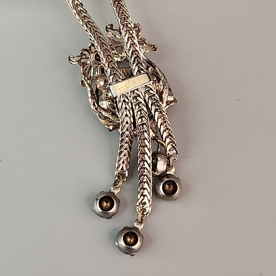 Vintage Rhinestone Necklace Purple Tassel Gold Tone Foxtail 15″