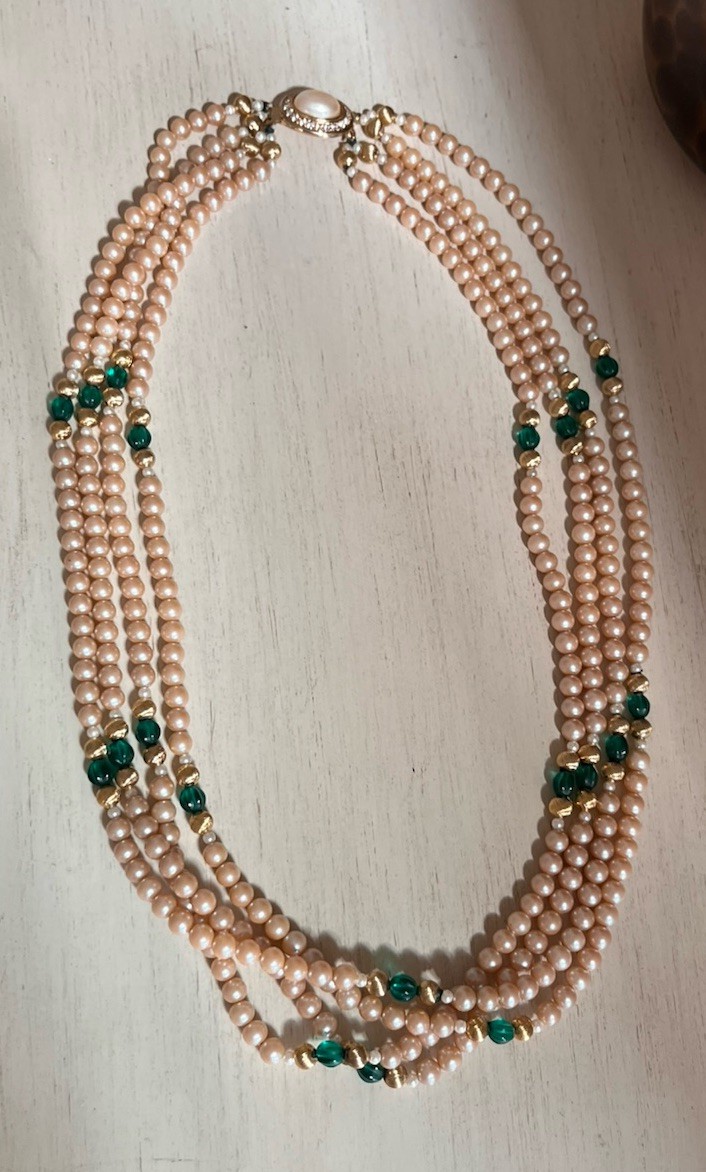 Vintage 4 Layered Ivory Pearl Green Glass Crystal Pave Clasp Beaded 24” Necklace