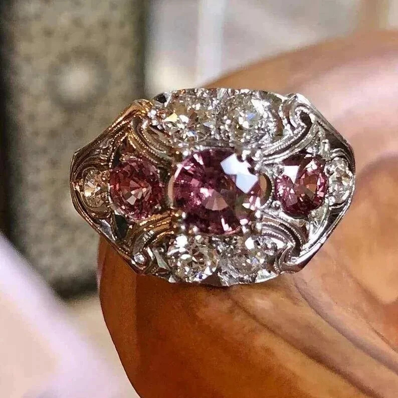14K Gold FN Antique Art Deco Round Cut Ruby & Lab Created Diamond Wedding Ring