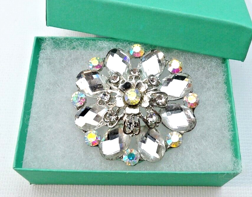 Vintage Clear Faceted & Aurora Borealis AB Crystal 2″ Round Cluster Brooch