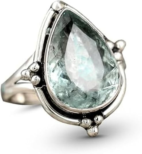Aquamarine Pear Shape Ring 925 Sterling Silver Handmade Gemstone Ring Size 5-12