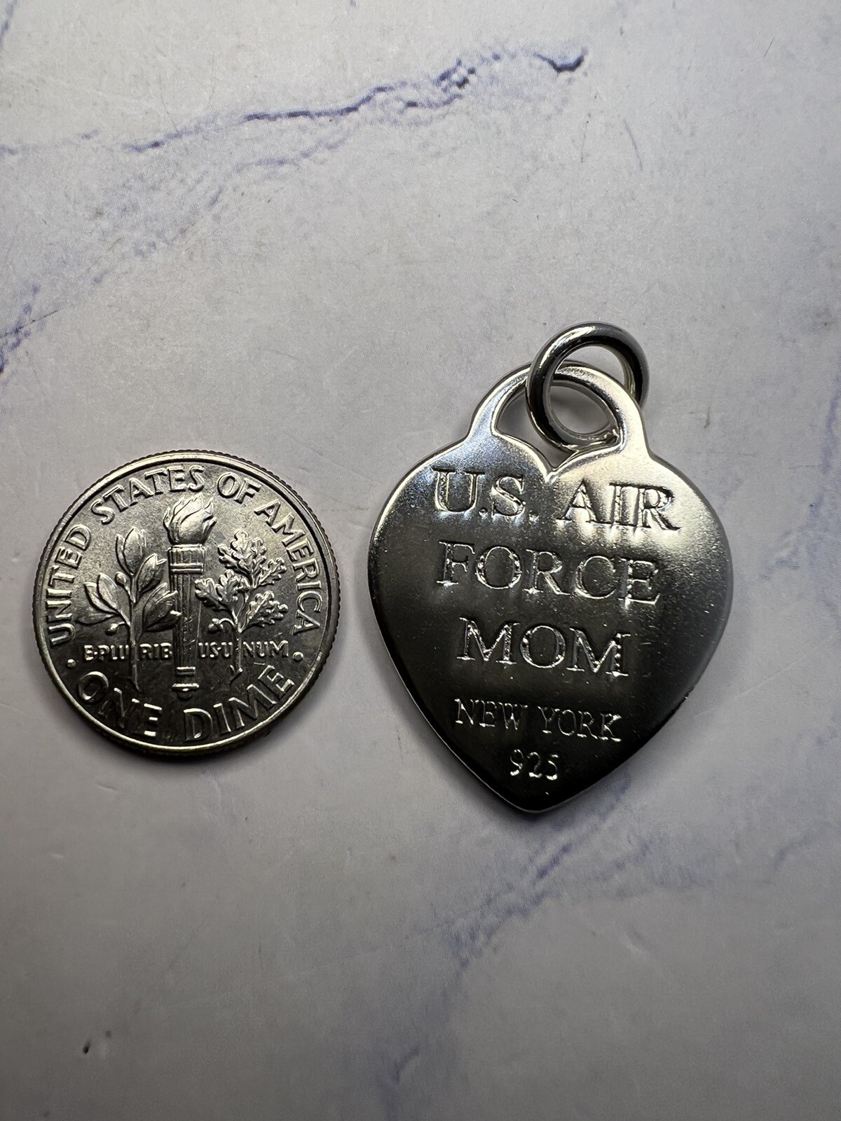 Vintage New York 925 Sterling Silver “US Air Force Mom” Heart Dog Tag Charm