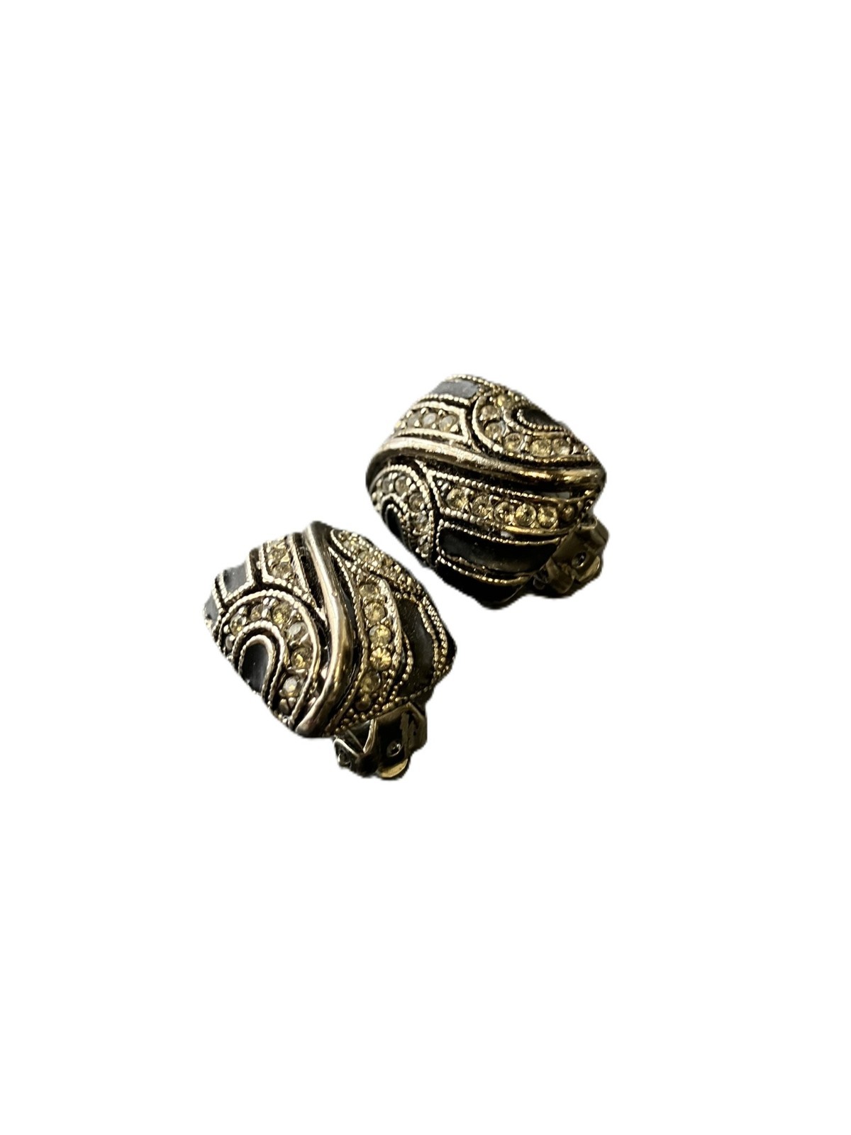 Vintage-Style Silver Black Enamel & Pavé Rhinestone Clip-On Lightweight Earrings