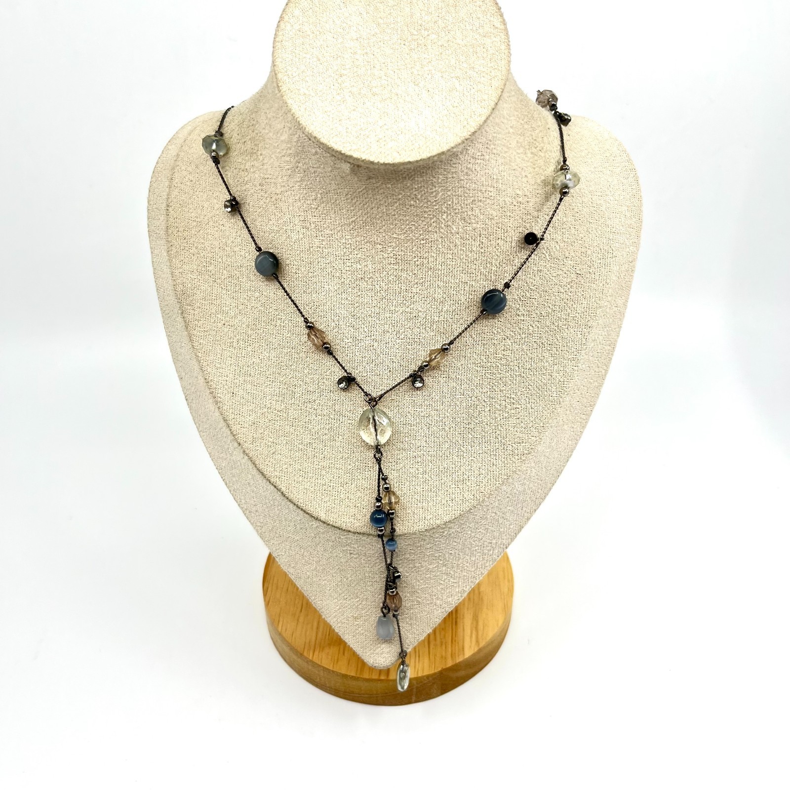 Vintage Y2K Gunmetal Blue Beaded Y-Necklace Tassel Drop Boho Aesthetic Classic