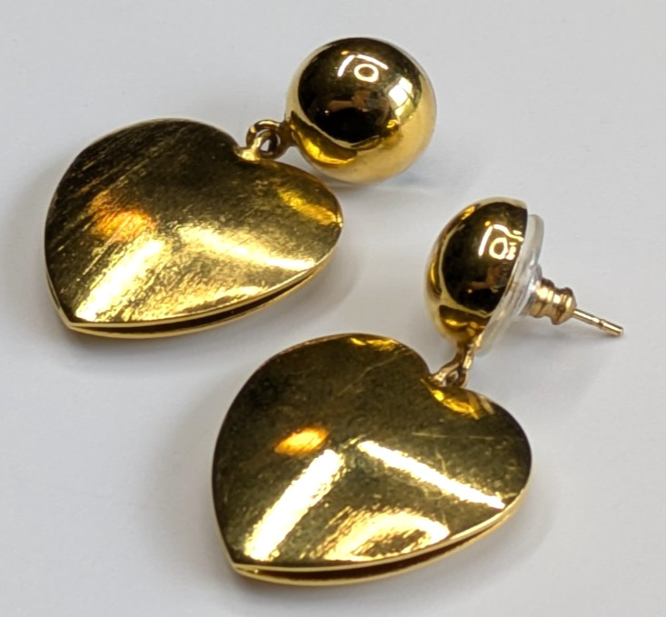 VTG Hollow Gold Tone Puffy Heart 1 5/8″ Drop Pierced Earrings Whimsical