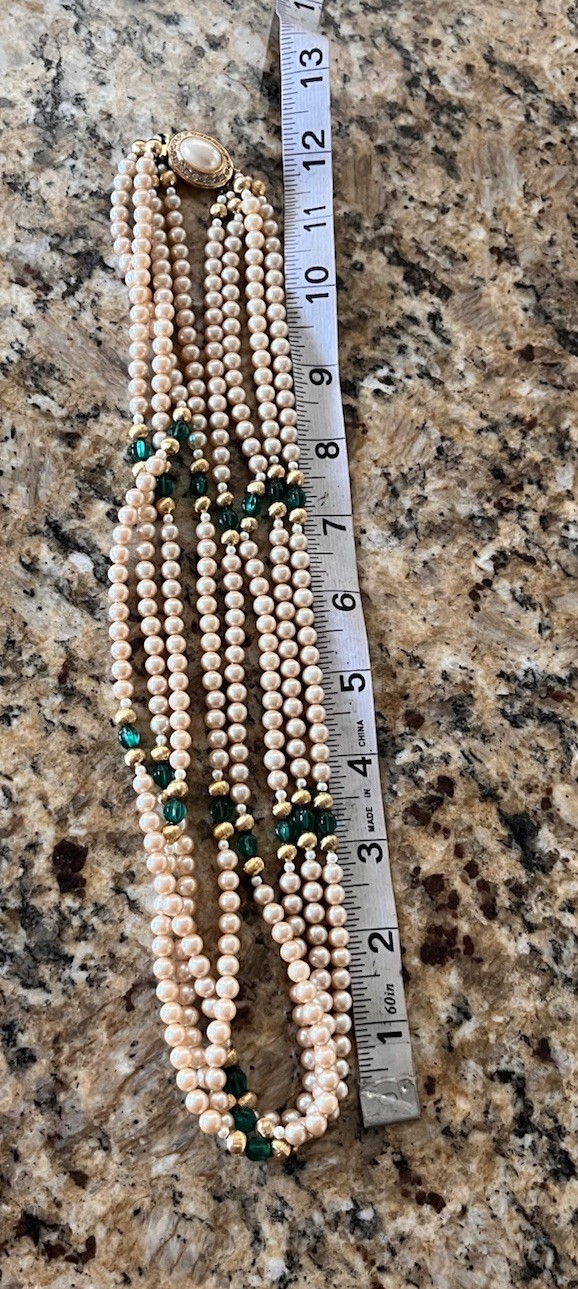 Vintage 4 Layered Ivory Pearl Green Glass Crystal Pave Clasp Beaded 24” Necklace