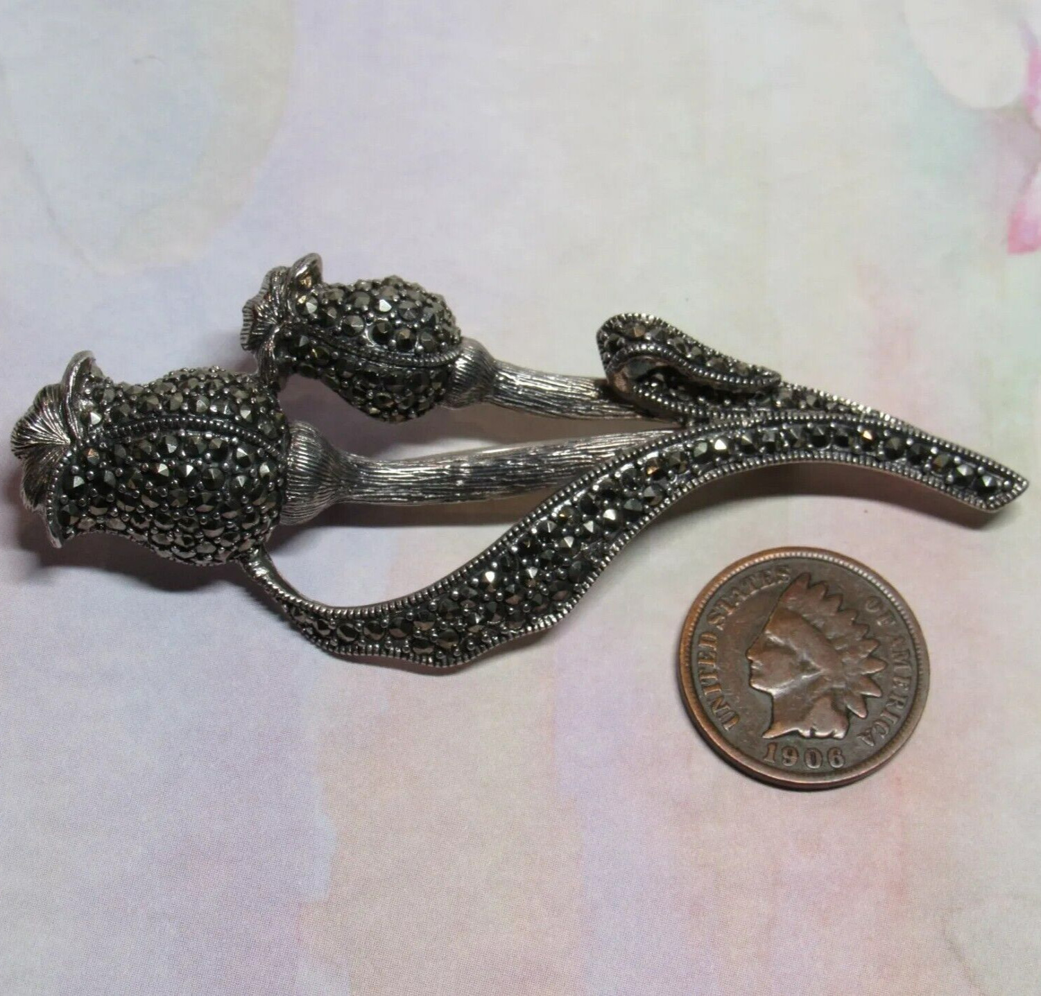 Sterling Silver Marcasite Tulip Leaf Flower Pin Hypoallergenic Nickel Free 14.5g