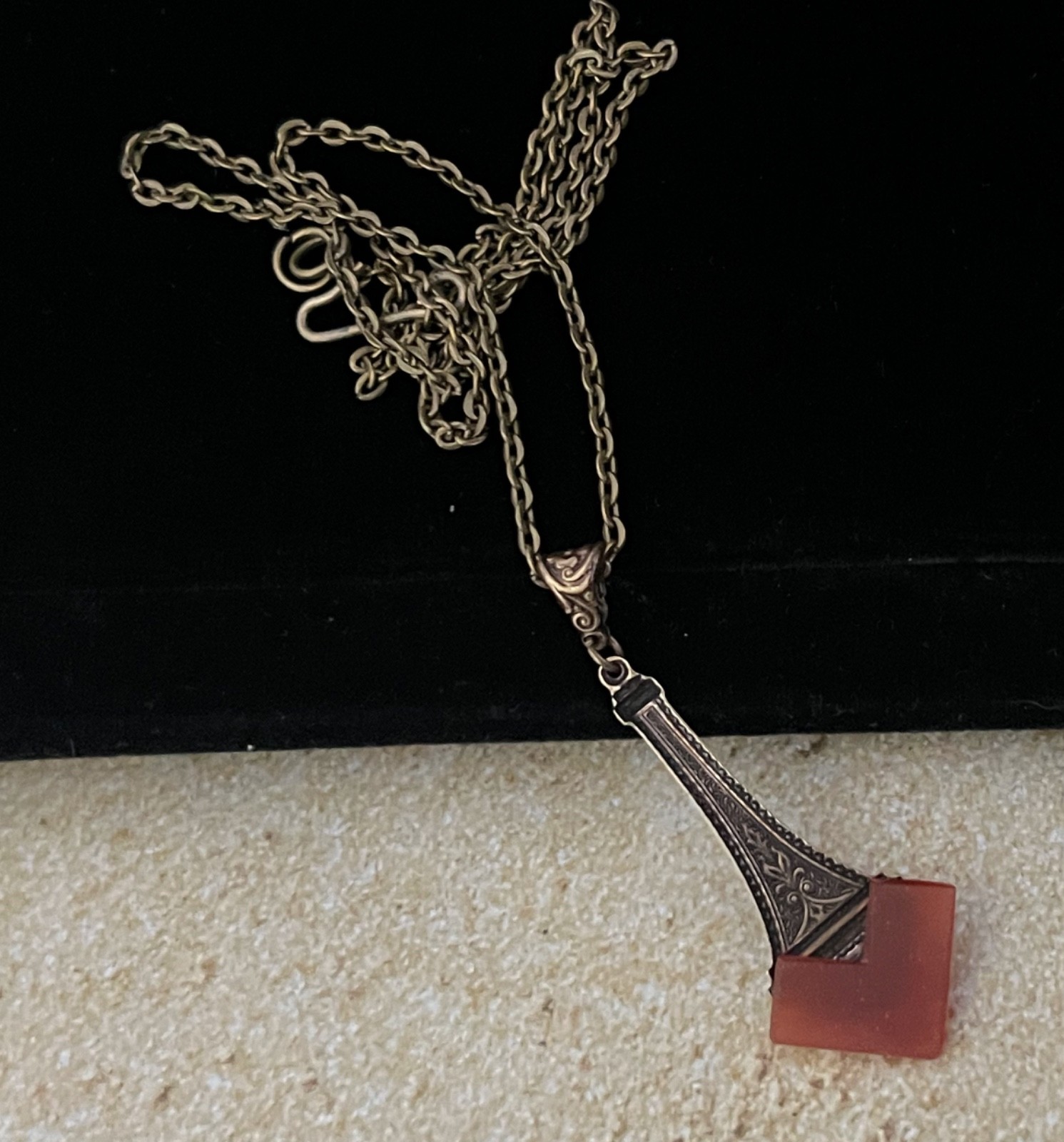 Vintage Necklace Art Deco Brass Pendant W/ Antique Red Carnelian Czech Glass