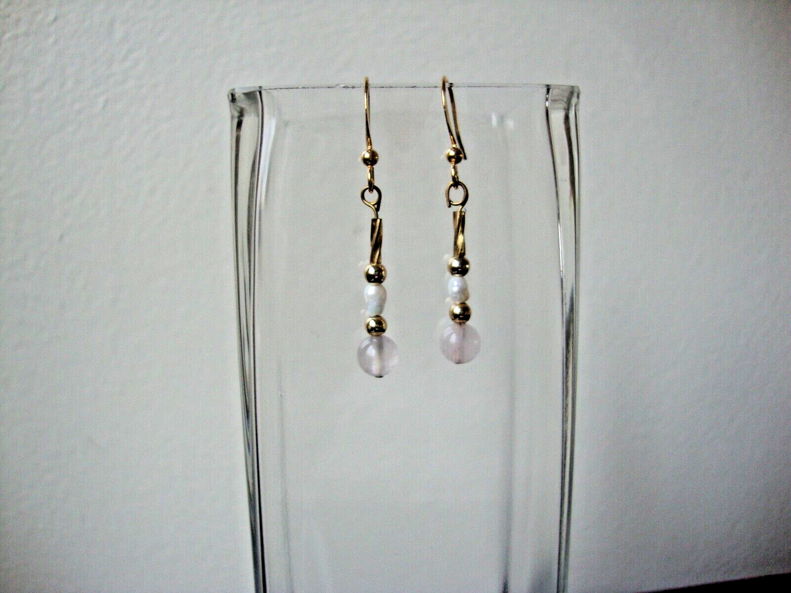 VTG HANDMADE 6MM ROSE QUARTZ RICE PEARL YELLOW GOLD PLATED DANGLE HOOK EARRINGS