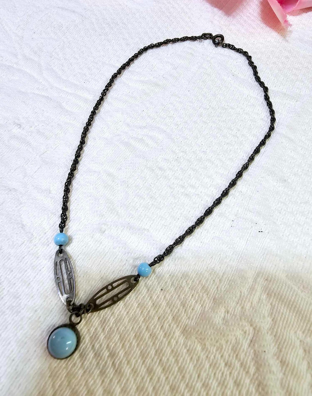 VTg Sterling Silver Choker Necklace w Blue turquoise 12in” tested- S24- READ