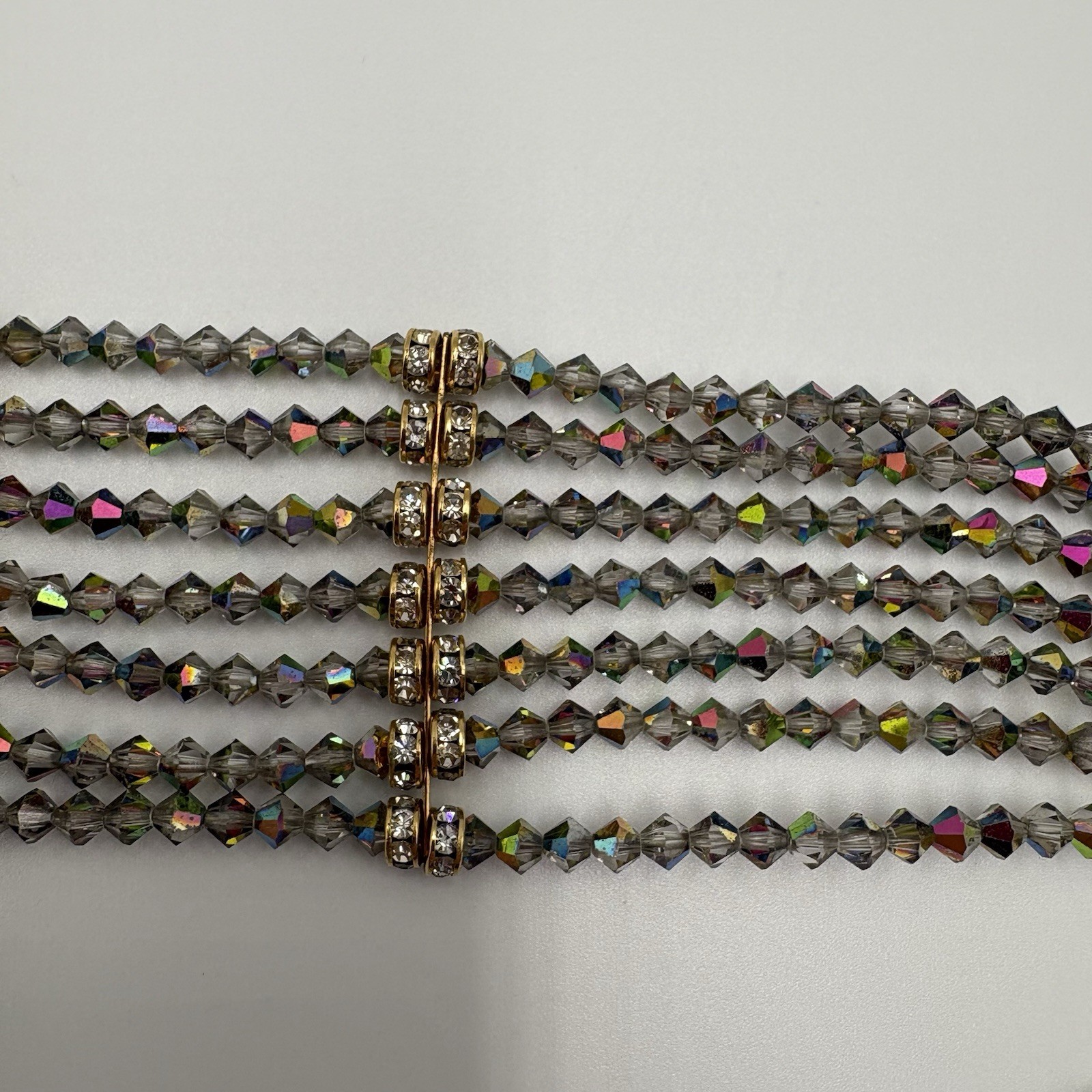 Vtg. 7 Std. Choker Dark Aurora Borealis Crystal Faceted Glass Beads/Rhinestones