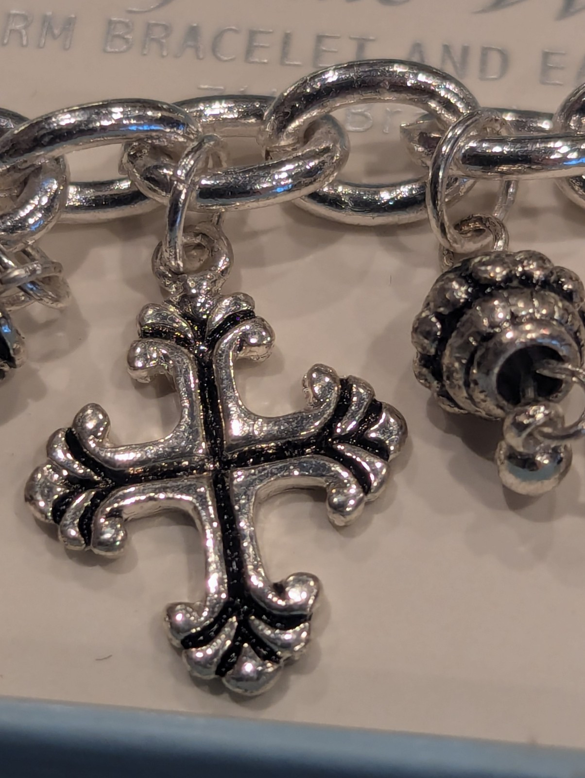 Vintage Religious Cross Charm Bracelet Set With Earrings, Nickel Free 7 1/2″
