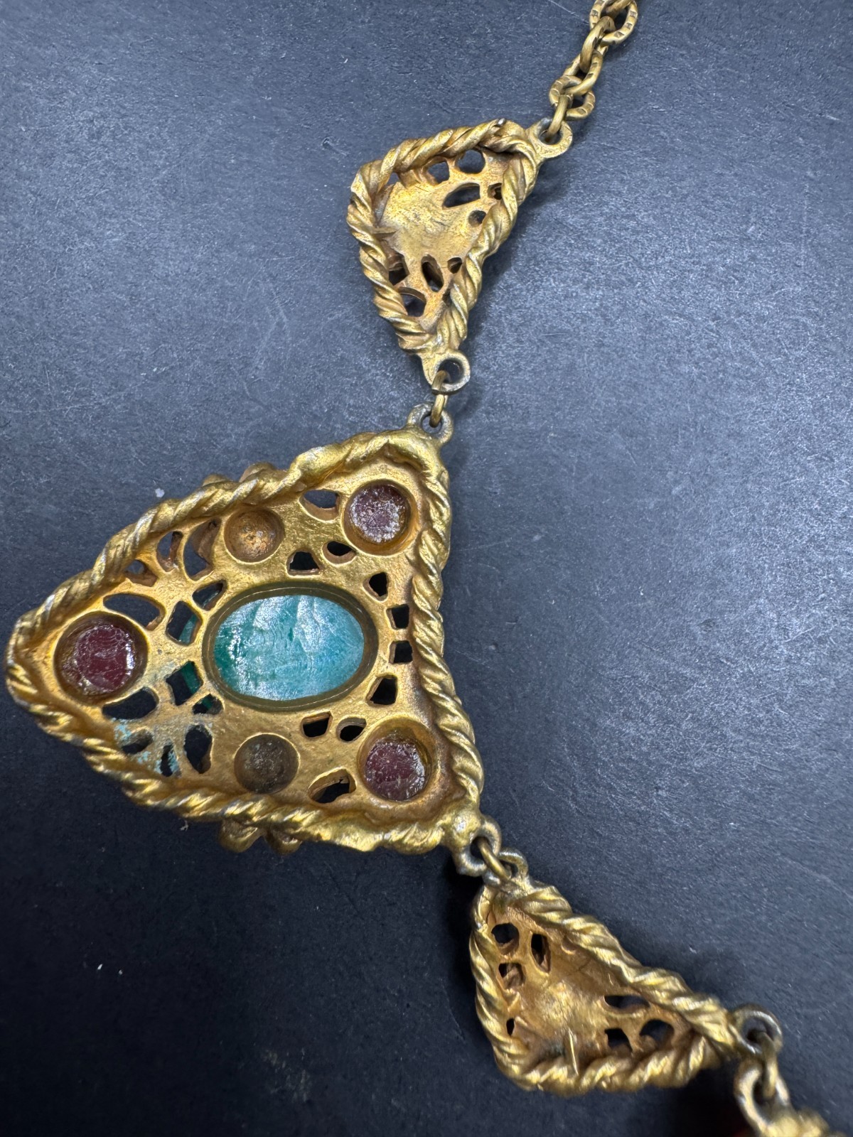 Czech Glass Art Deco Cabochon Floral Brass Necklace