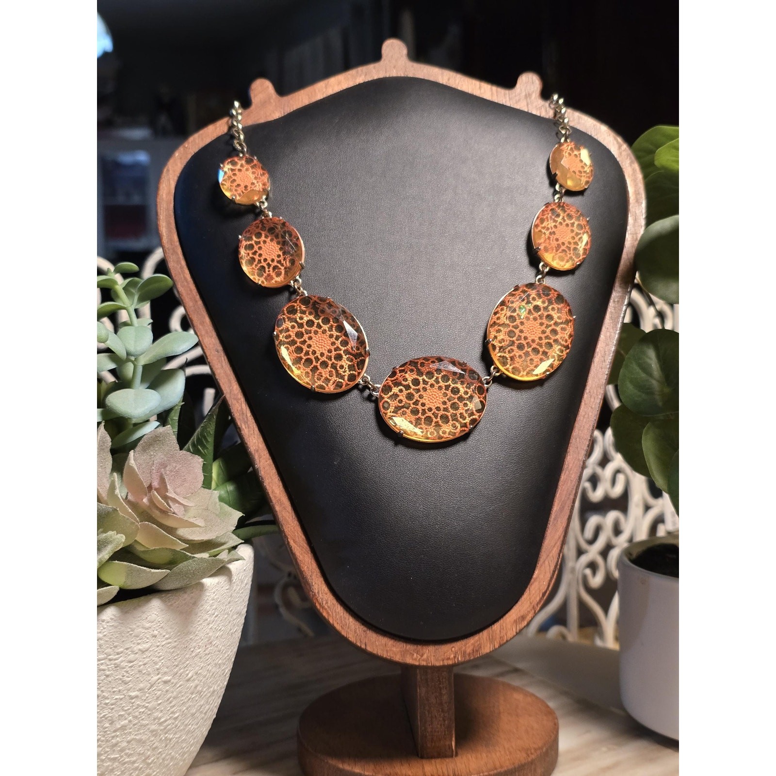 Amber Statement Necklace, Faceted Disc Bib, UV reactive