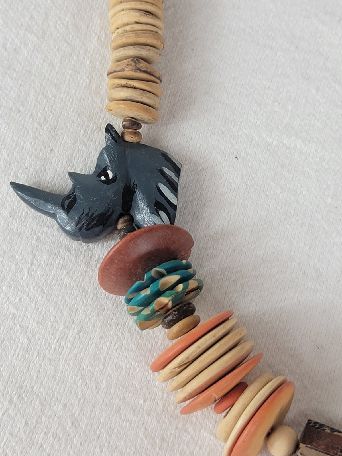 2 Vtg African Carved Wood Safari Necklaces Elephant Rhino Shell Discs Beads Boho