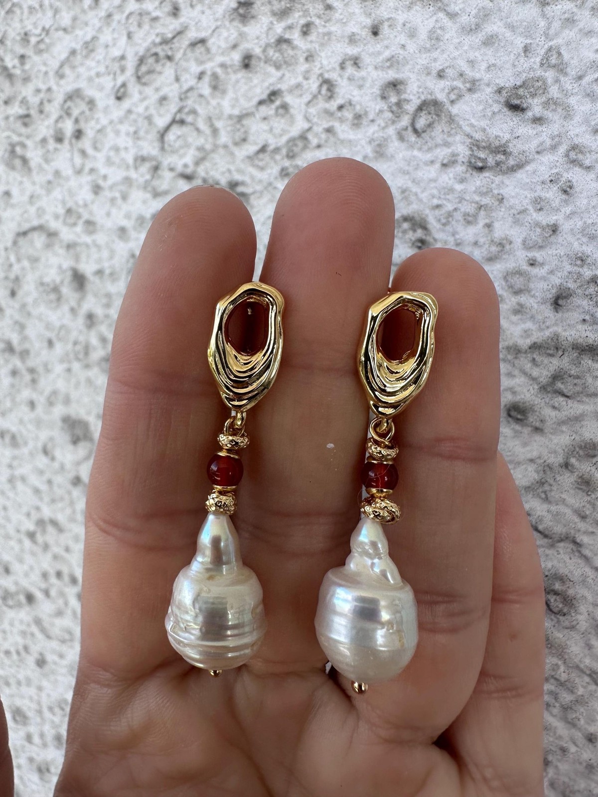 White Baroque Pearl Earrings With Carnelian Accent, Melting Lever back