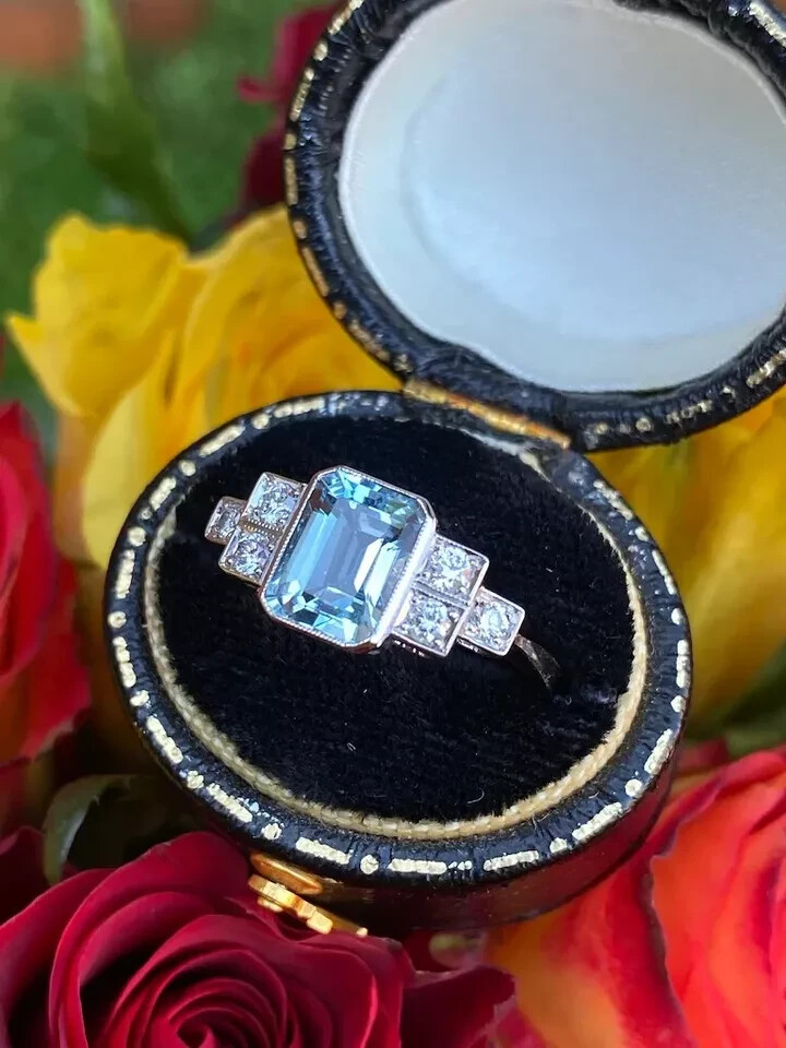 3Ct Aquamarine Art Deco Vintage Style & Lab-Created Diamond Wedding Silver Ring