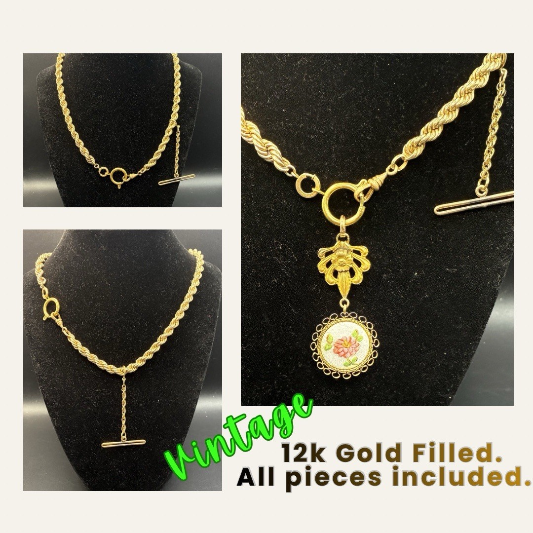 30g Vintage 12k Gold Filled Pocket Watch Chain FOB, Dog Clip T-Bar, GF Guilloche