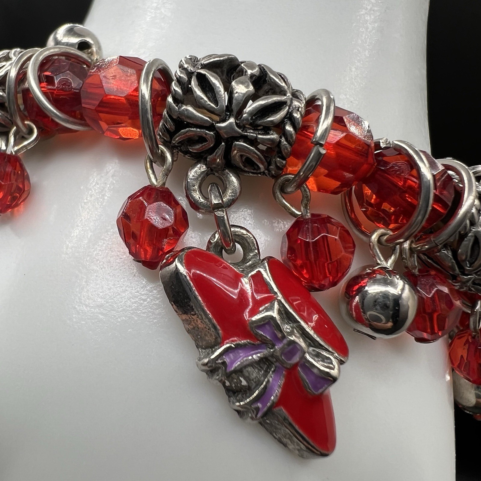 Vintage Dangle Charm Bracelet Red Enamel Hat Charms Filigree Spacer Beads