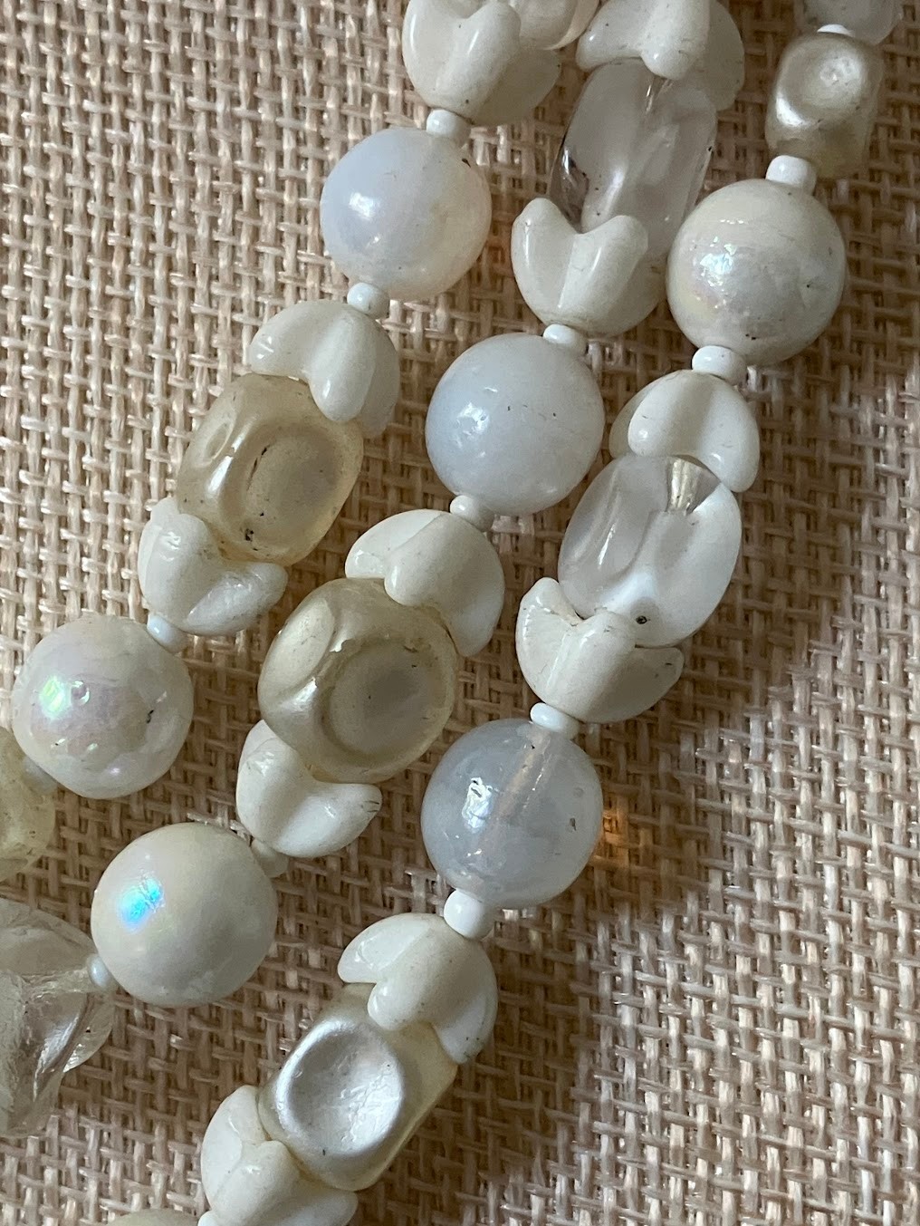 Vintage White Glass Beaded Necklace Bracelet Set Opalescent MCM Bridal