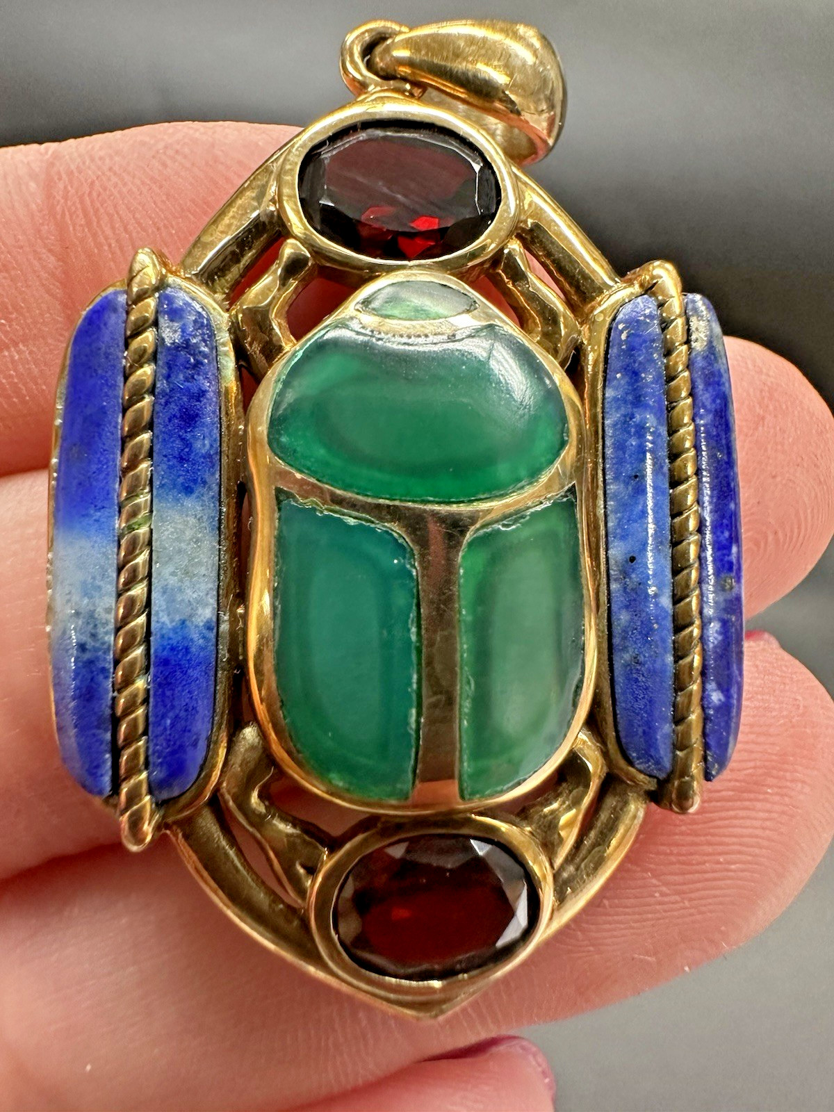 Egyptian Revival Scarab Beetle Set Vintage Jewelry Lapis, Garnets. Stamped BBJ