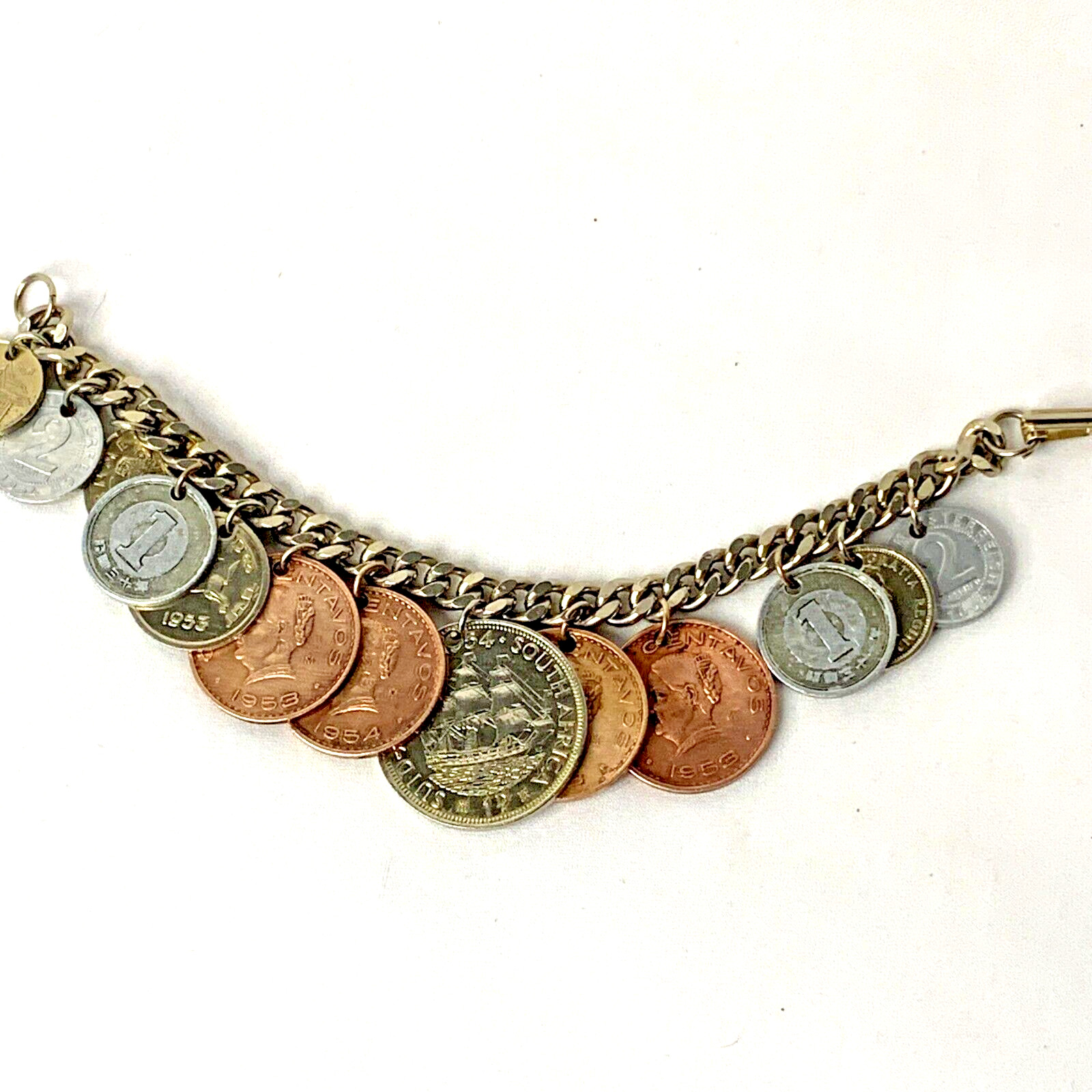 Vintage 1956 Charm Bracelet 13 Assorted Coins From Different Countries 6.5″-7″