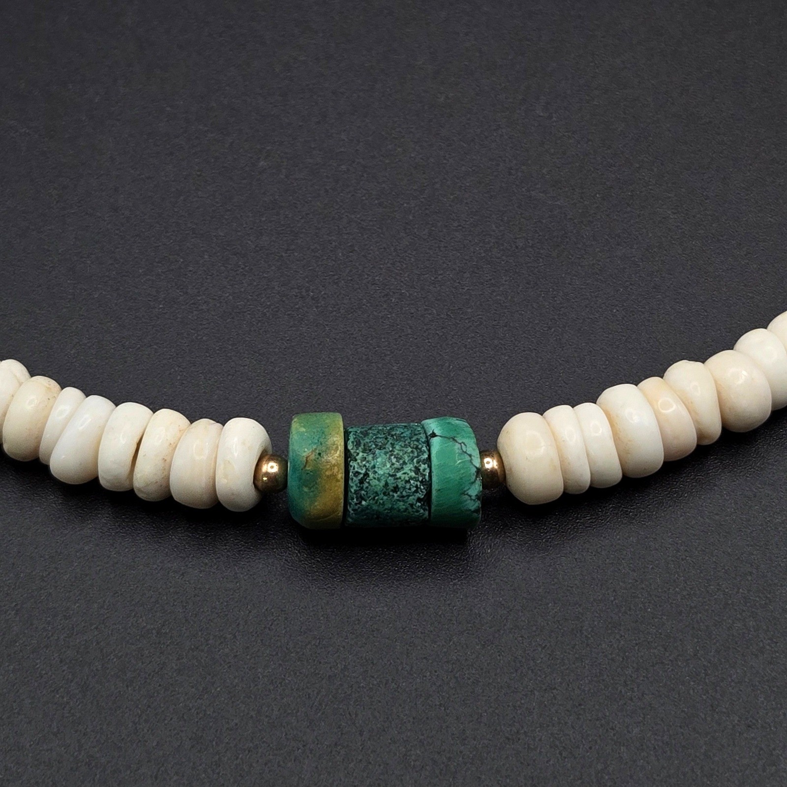 Vintage Puka Shell Necklace Turquoise and Green Dyed Stone Accents 17″ Surfer