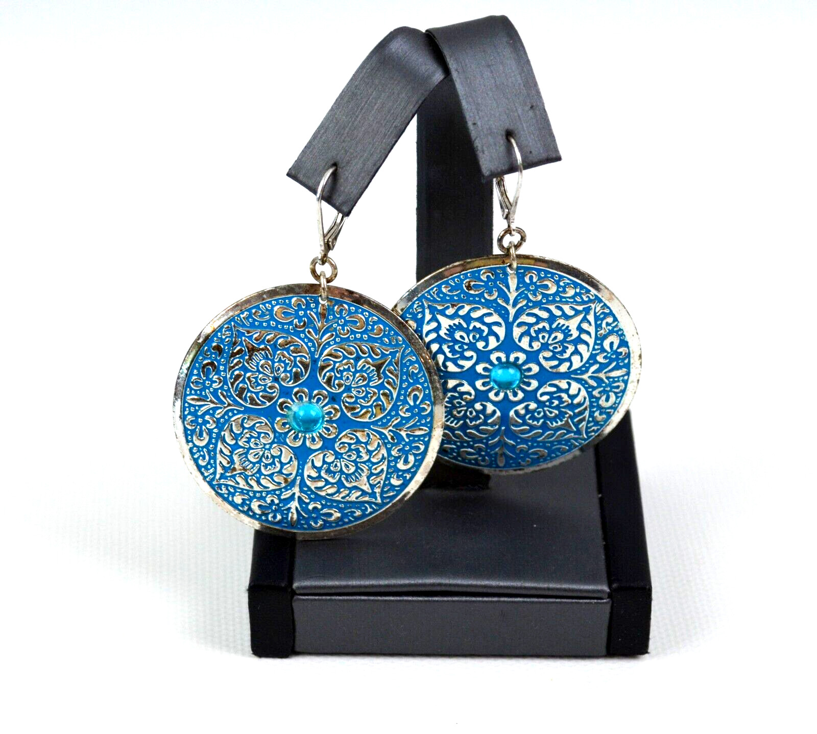 Silver Tone Pierced Wire Hook Earrings Large Round Blue Medallion 1.75″ Across