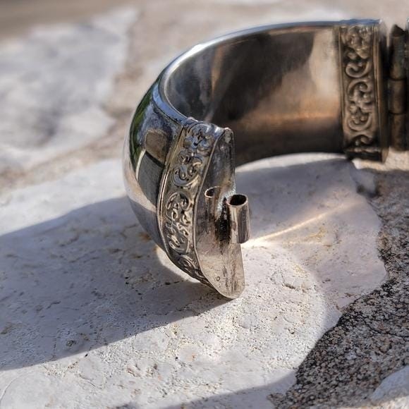 Vintage Wide Hinged Bangle Bracelet Chunky Silver Tone Domed Statement Cuff 6 .5