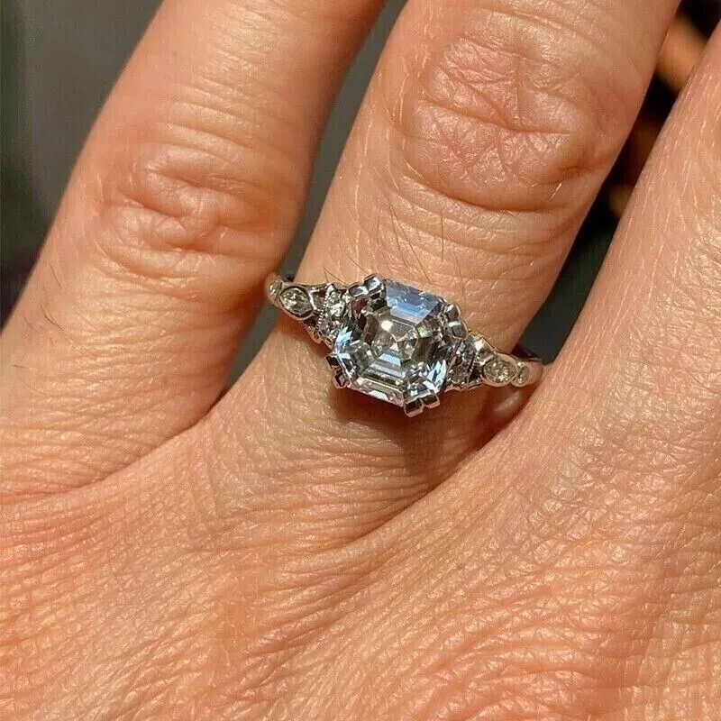 Art Deco Style 14K White Gold FN Asscher Cut Lab Created Diamond Ring Engagement