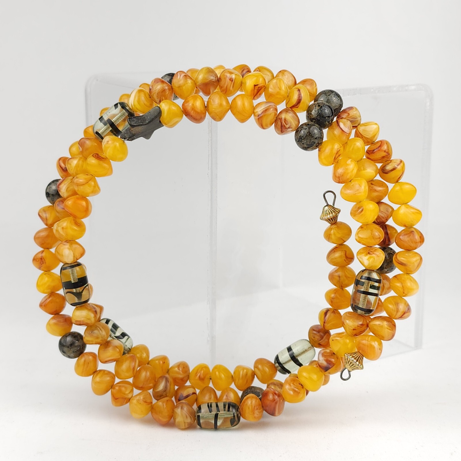 Vintage Amber Tone Memory Wire Choker Necklace Fluorescent Glass & Gemstones 56g