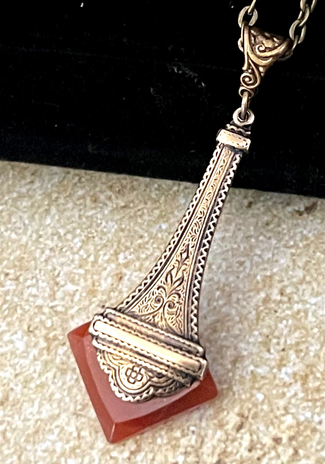 Vintage Necklace Art Deco Brass Pendant W/ Antique Red Carnelian Czech Glass