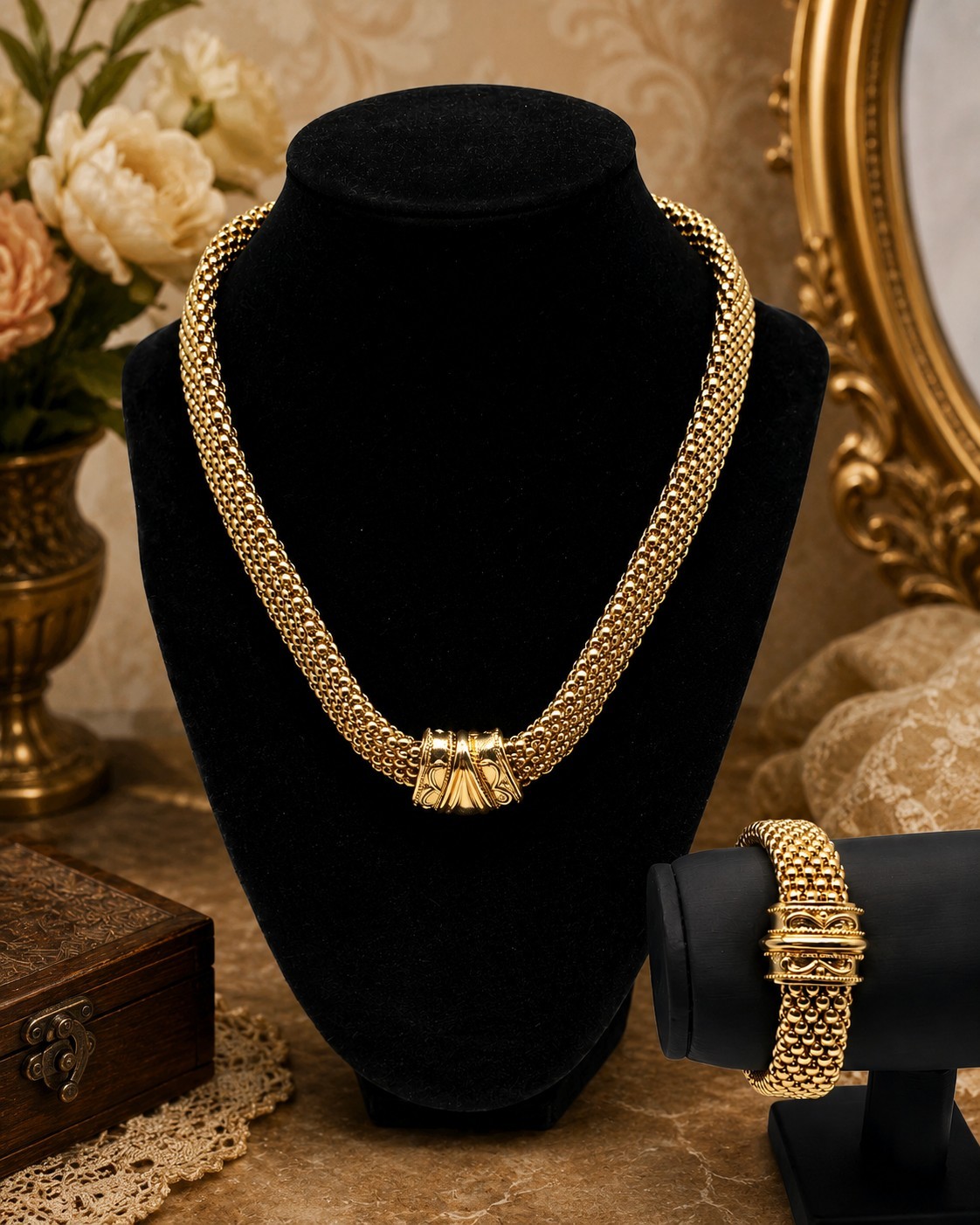 Vintage Etruscan Revival Gold Tone Mesh Collar Necklace Bracelet Jewelry Set