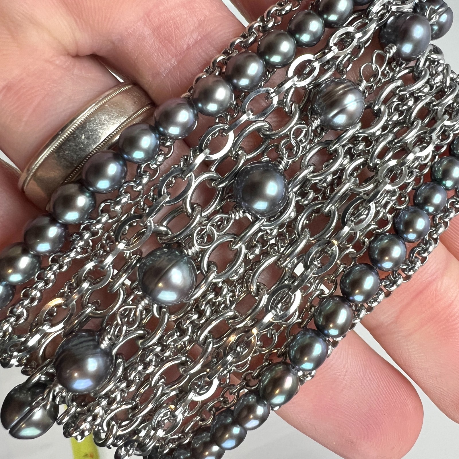 Stainless Steel Multi Strand Chain Bracelet Gray Faux Pearls Toggle Clasp 8 Inch