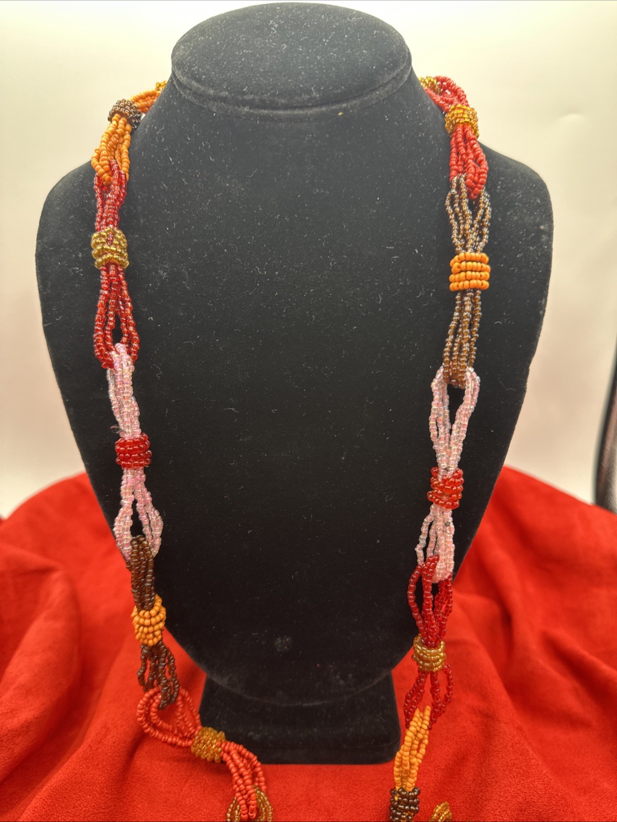 Vtg Sunset Palette Colors Hand beaded Long Necklace. See pics.