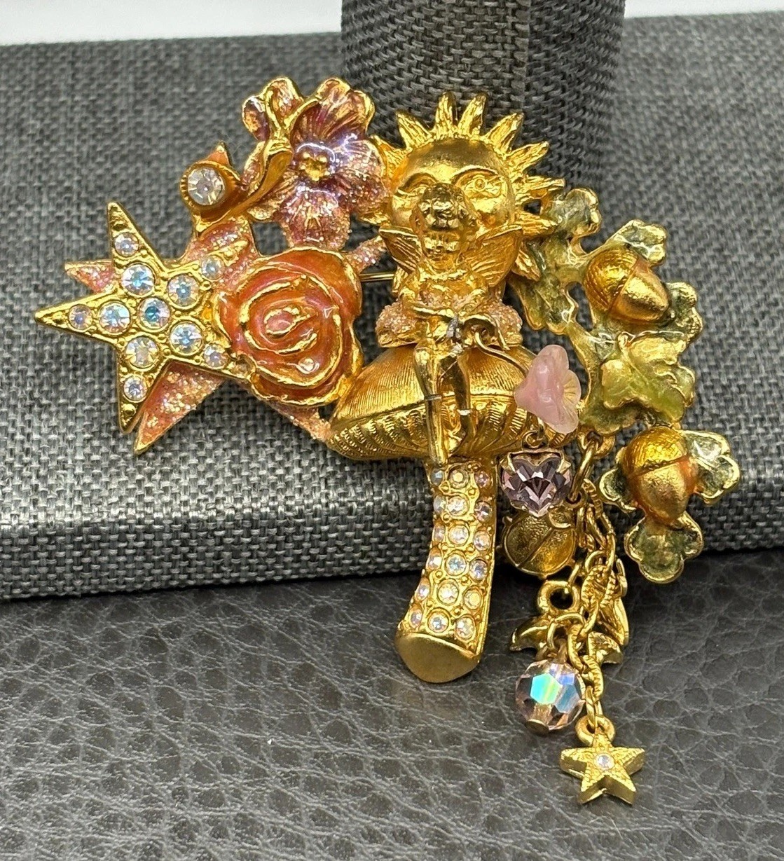 Kirks Folly Gold Tone Angel Cherub Sun Mushroom AB Rhinestone Enamel Brooch Pin