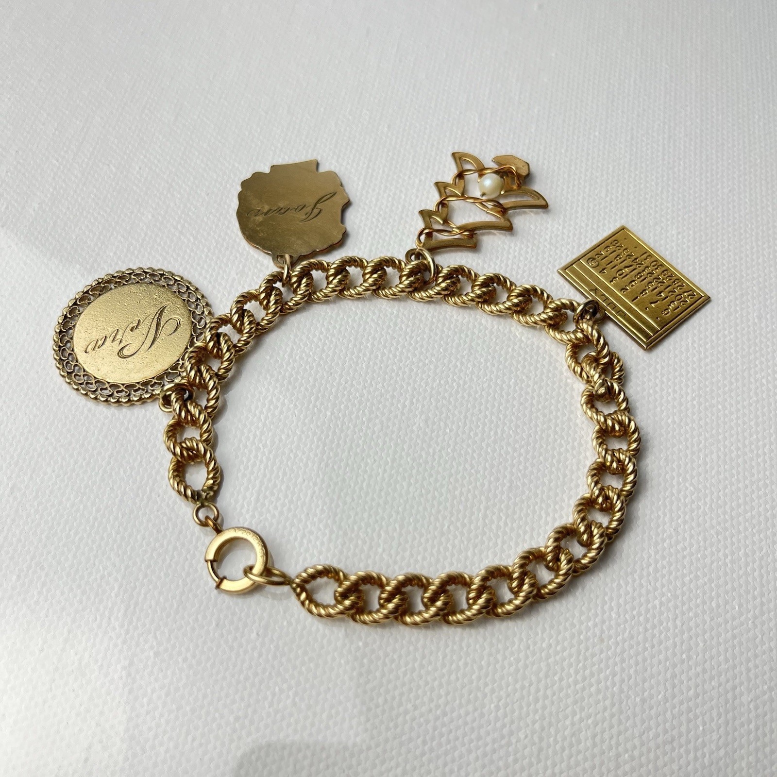 Vintage 12k Gold Filled Charm Bracelet Curb Link twisted rope 6.75 in (6 3/4 in)